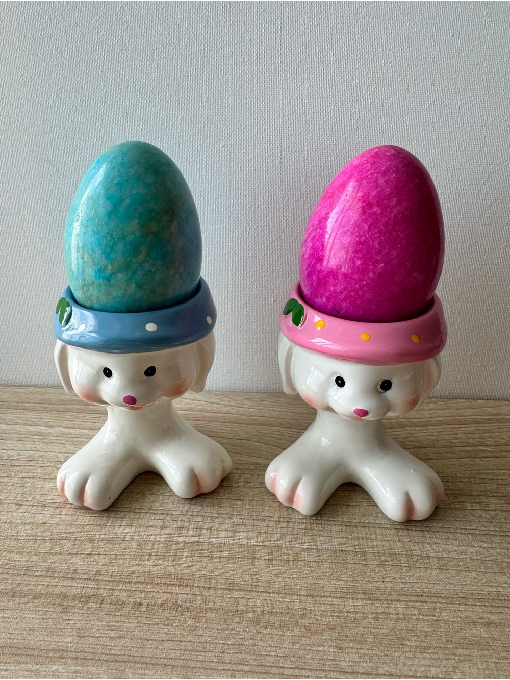 Vintage Bunny Rabbit Egg Holders w Stone Eggs Set of 2 Easter Decor